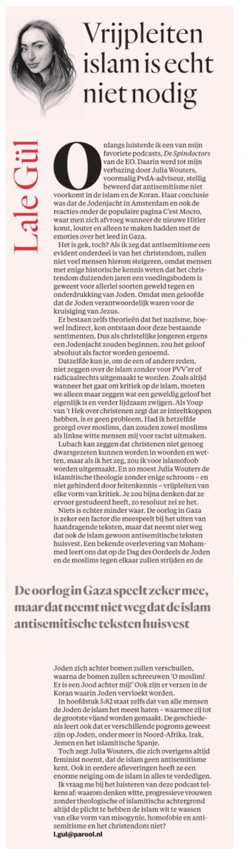 In het Parool, #LaleGül: “waarom denken witte, progressieve vrouwen die geen theologische of islamitische achtergrond hebben, de plicht te hebben de islam altijd wit te wassen van elke vorm van misogynie, homofobie en antisemitisme, en het christendom niet?”
