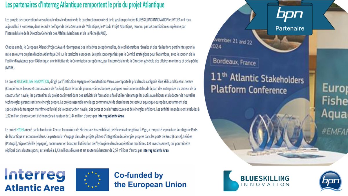 #BlueskillingInnovatioon remporte le Prix du Projet Atlantique – Espace Atlantique, <a href="/Bpnaval/">Bretagne Pôle Naval</a> lead WP1, analyse les lacunes, les besoins de compétences pour stimuler l'innovation bleue dans la navale et l'offshore
bpn.bzh/fr/actualite/p…