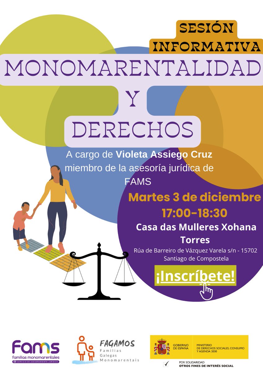 Este martes 3/12 ás 17:00 charla informativa "Monomarentalidad y Derechos" na <a href="/CasaMulleresXT/">Casa Xohana Torres</a>  en Compostela. Participa <a href="/Vissibles/">Violeta Assiego Cruz</a> activista, analista e investigadora especializada en #DDHH e membro da asesoría xurídica de
<a href="/fams_familias/">FAMS</a>. ✍️Inscrición forms.gle/hvKw3MnCHVHRyv…