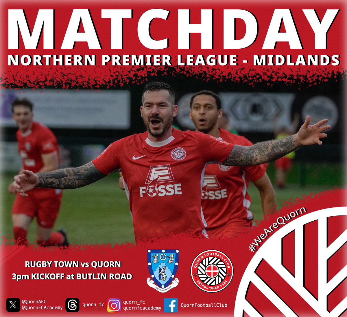 (C) Quorn Football Club (@quornafc) on Twitter photo MATCHDAY!
🆚 <a href="/RugbyTown_FC/">Rugby Town FC</a>
🏆 <a href="/PitchingIn_/">Pitching In</a> <a href="/NorthernPremLge/">The Pitching In Northern Premier League</a>
⏲️ 15:00 KO
🏟️ Butlin Road
📍 Butlin Road, Rugby, Warwickshire, CV21 3SD
🎟️ Adults £10.00, Concessions £5.00, Under 18s £5.00
#WeAreQuorn #QuornFC #100Years #TheMethodists⛪️ #TheReds🟥 #TheStottoStadium🏟 MATCHDAY!
🆚 <a href="/RugbyTown_FC/">Rugby Town FC</a>
🏆 <a href="/PitchingIn_/">Pitching In</a> <a href="/NorthernPremLge/">The Pitching In Northern Premier League</a>
⏲️ 15:00 KO
🏟️ Butlin Road
📍 Butlin Road, Rugby, Warwickshire, CV21 3SD
🎟️ Adults £10.00, Concessions £5.00, Under 18s £5.00
#WeAreQuorn #QuornFC #100Years #TheMethodists⛪️ #TheReds🟥 #TheStottoStadium🏟