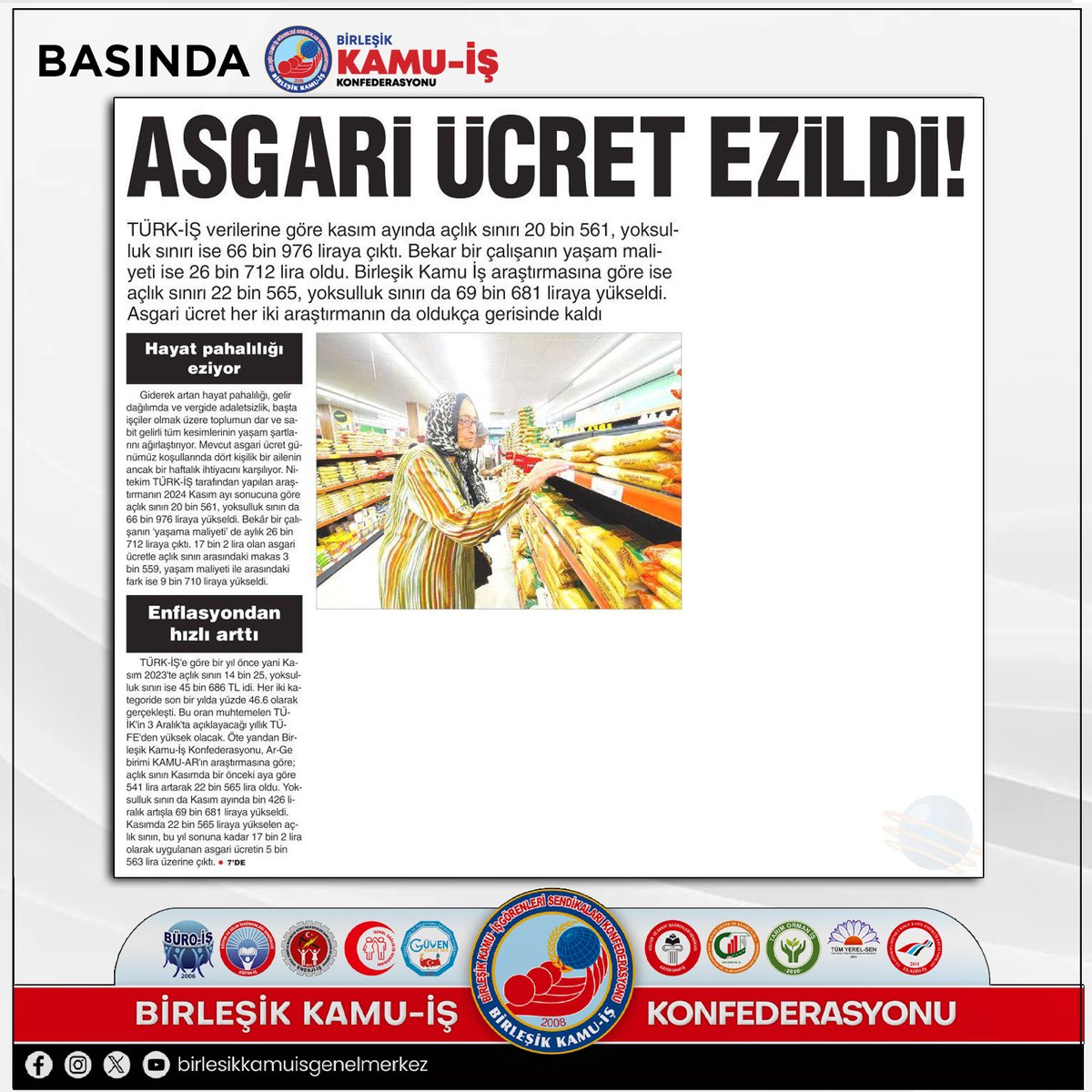 kamuiskonf's tweet photo. Konfederasyonumuz Ar-Ge Birimi KamuAr tarafından yapılan Açlık Yoksulluk Sınırı Rakamları Kasım 2024 araştırması sonuçları yazılı ve görsel basında haberleştirildi.
#KamuAr #arge #AçlıkYoksullukSınırı #Kasım2024 #açlık #yoksulluk #araştırma #memur #emekli #alımgücü #hayatşartları #alımgücü #enflasyon