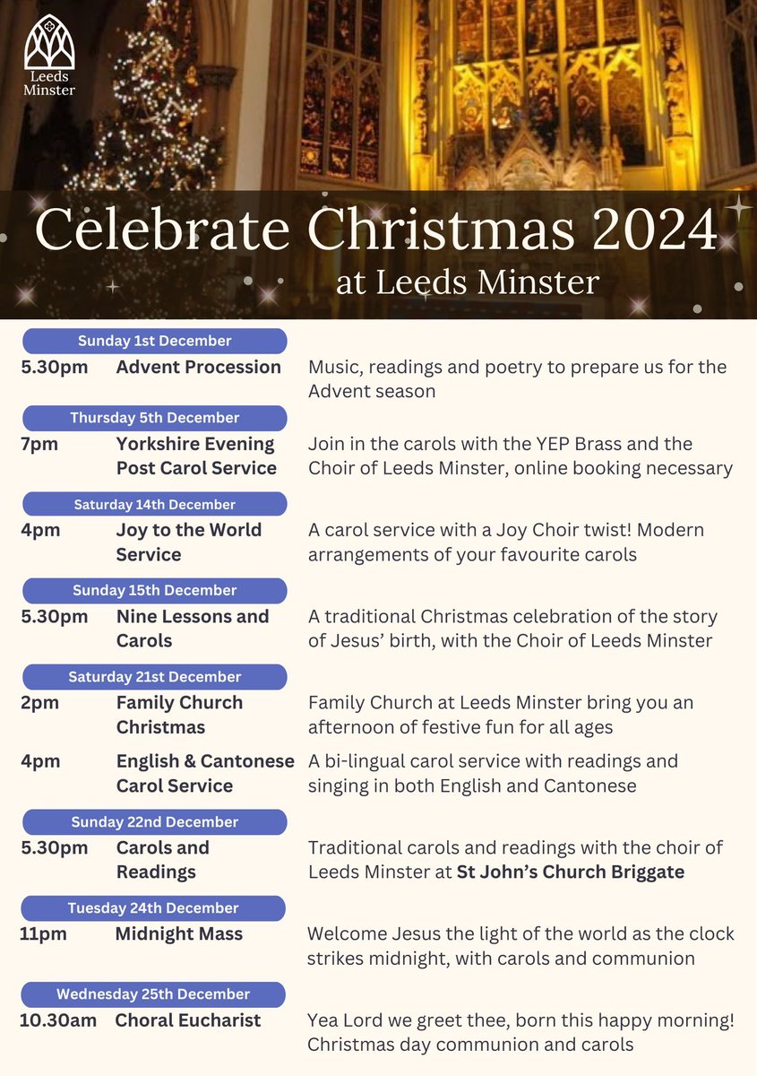 There's something for everyone this Christmas at Leeds Minster!

Reflect quietly at our Advent Procession or Nine Lessons and Carols, sing along at our Joy to the World service, or celebrate with the kids at our Family Church Christingle...

Find out more buff.ly/4i254QG
