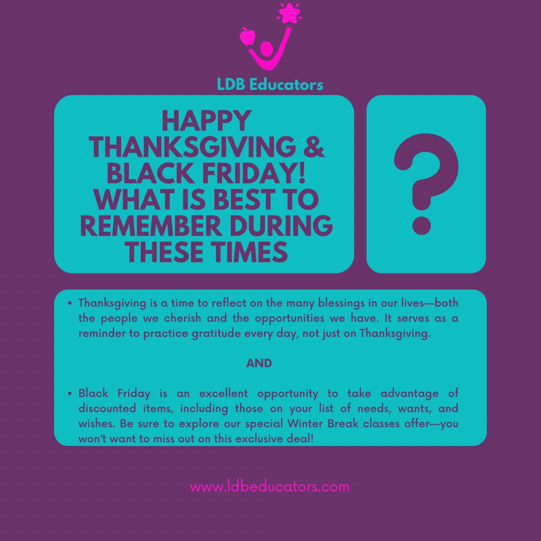 ldb_educators's tweet photo. 🌟Happy Thanksgiving &amp; Black Friday! I am so very thankful for all of my students, families, friends, and all who are in my life💗🌟#learningspecialist #tutor
#funlearning #teach #confidencebuilder #positivity 
#gratitude
#thankful
#winterbreakclasses
#preparedness
#specialdeal https://t.co/Zt8QePyPMl