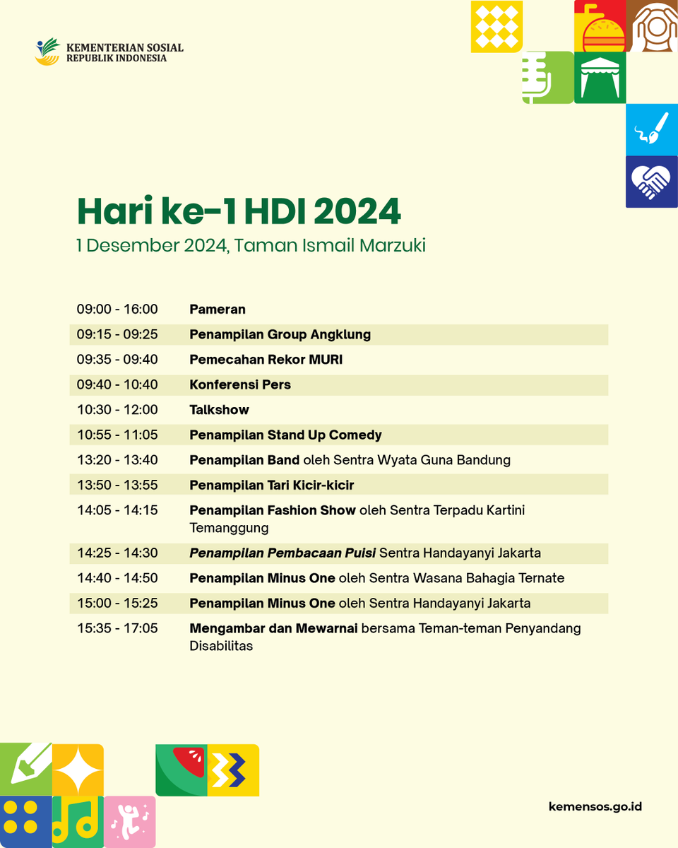 KemensosRI's tweet photo. #SobatSosial, ayo ramaikan rangkaian Hari Disabilitas Internasional 2024!

Rayakan keberagaman dan inklusivitas dengan semangat #SetaraBerkarya. 🌍✨
Ikuti berbagai kegiatan seru dan inspiratif yang telah disiapkan, sampai bertamu di sana ya, #SobatSosial! https://t.co/yMASowwoV1