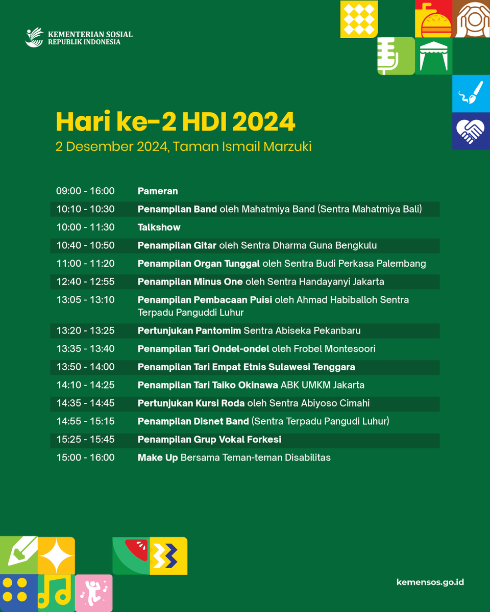 KemensosRI's tweet photo. #SobatSosial, ayo ramaikan rangkaian Hari Disabilitas Internasional 2024!

Rayakan keberagaman dan inklusivitas dengan semangat #SetaraBerkarya. 🌍✨
Ikuti berbagai kegiatan seru dan inspiratif yang telah disiapkan, sampai bertamu di sana ya, #SobatSosial! https://t.co/yMASowwoV1
