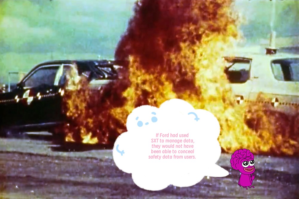 This image depicts the Ford Pinto scandal. In the 1970s, Ford concealed safety data, leading to vehicle accidents and legal lawsuits.The SXT data managed by Gigabrain is open and transparent.  
<a href="/spaceandtime/"></a> 
It’s my entry in this SXT contest