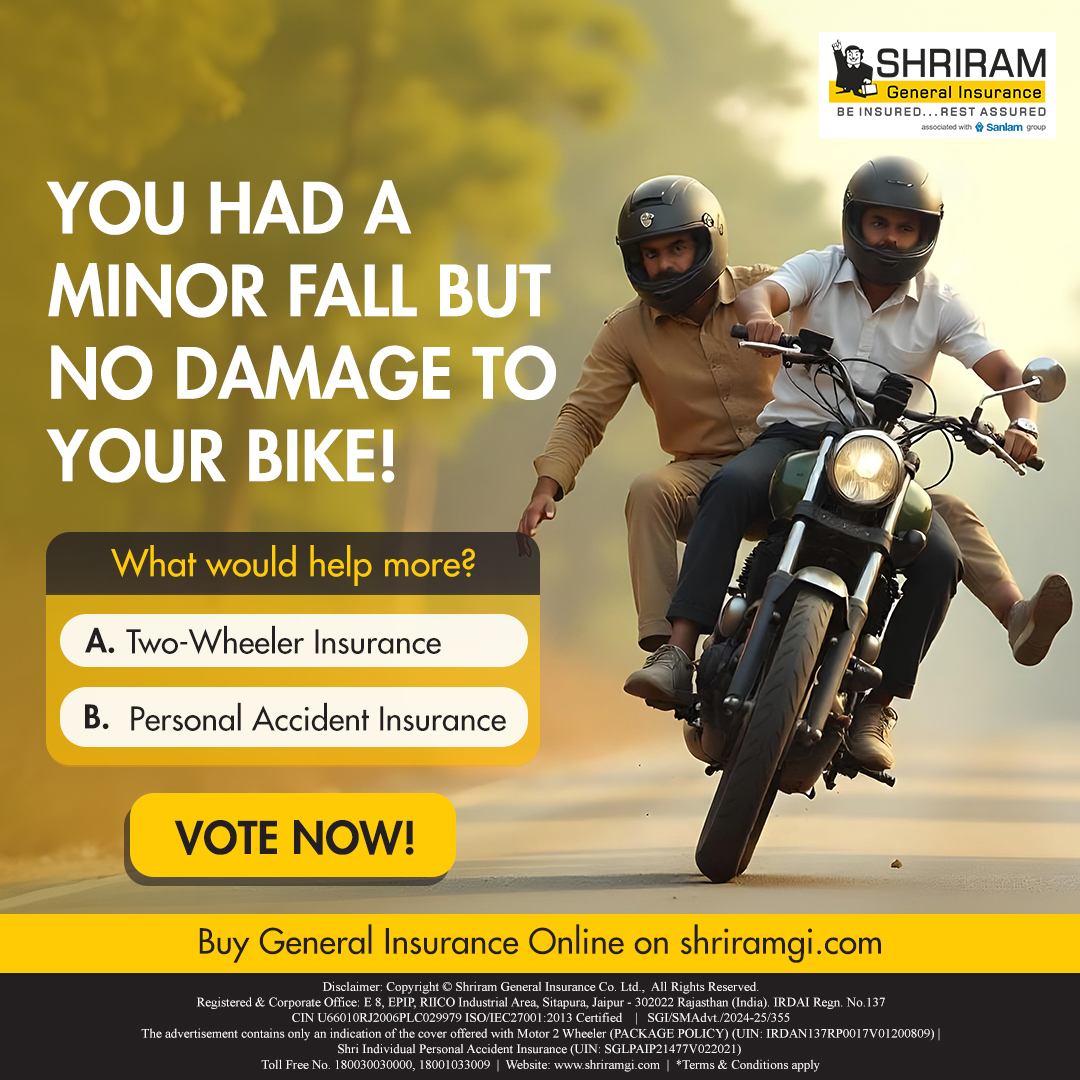 Shriram_GI's tweet image. 🚴‍♂️ Minor fall, no bike damage... but what about you? 🩹🏍️

Vote now and share your thoughts!

Also insure yourself today at shriramgi.com

#InsuranceMatters #StayProtected #TwoWheelerInsurance #PersonalAccidentInsurance #SafetyFirst #RideSafe #ShriramGI #SGI