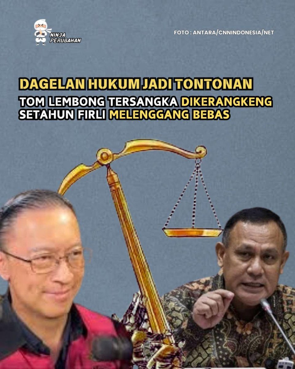 AniesIndonesia's tweet image. Rasa keadilan kini tinggal isapan jempol belaka. Dagelan terus menjadi tontonan. Tom Lembong misalnya, meski kasus masih sumir lgsg dikerangkeng stlh ditetapkan jadi tersangka oleh Kejagung.

Sementara Firly setahun menjadi tersangka masih melenggang bebas.

#ninjaperubahan
