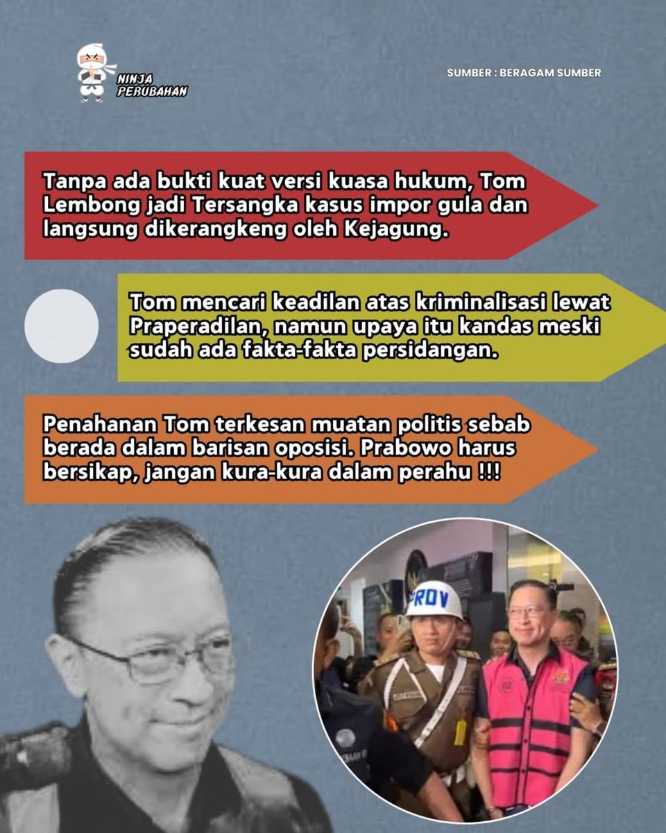 AniesIndonesia's tweet image. Rasa keadilan kini tinggal isapan jempol belaka. Dagelan terus menjadi tontonan. Tom Lembong misalnya, meski kasus masih sumir lgsg dikerangkeng stlh ditetapkan jadi tersangka oleh Kejagung.

Sementara Firly setahun menjadi tersangka masih melenggang bebas.

#ninjaperubahan