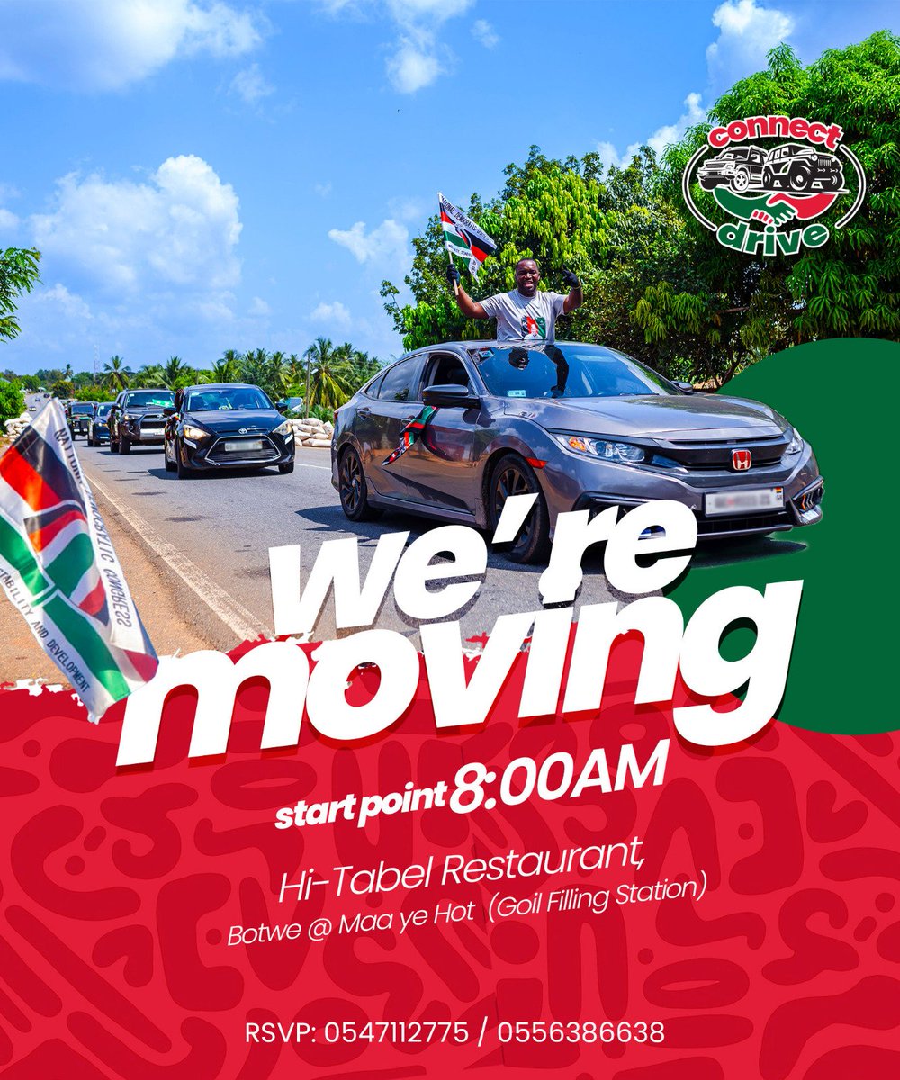 DohKafui1's tweet photo. Ghana's Biggest Drive for Victory is TODAY.
Meet us at Hi Table Restaurant, Botwe now as we embark on a massive rally through 19 constituencies in Accra. Together, let's drive change and secure John Mahama's presidential win.
#ConnectDrive #Mahama4President #GhettoConnect" https://t.co/9pKidjKUbZ