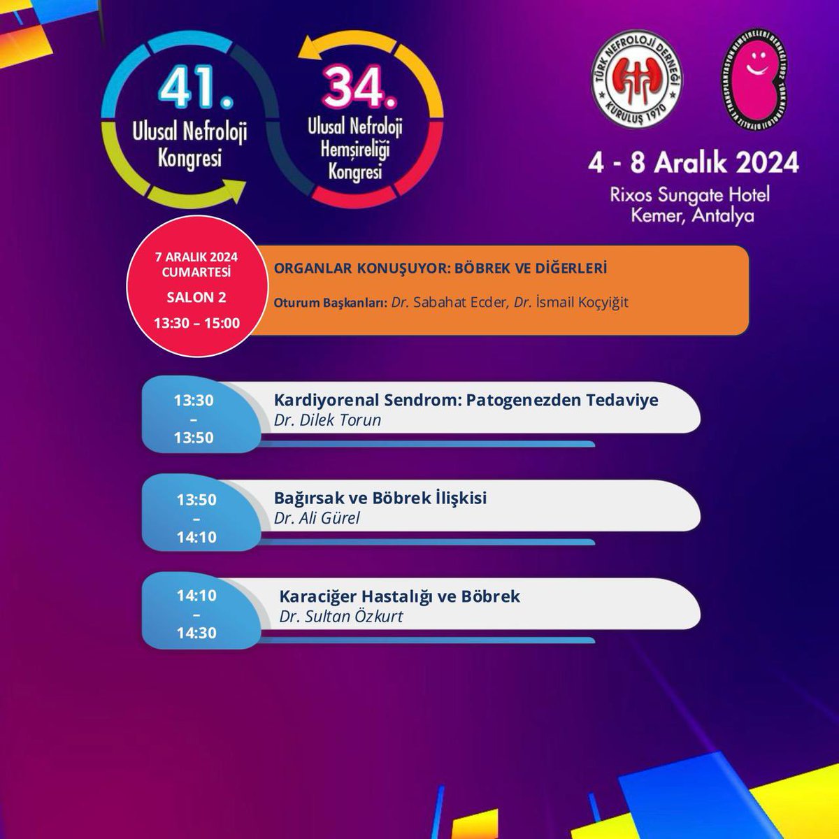 7 Aralık Salon-2'de Organları Konuşuyor: Böbrek ve Diğerleri oturumu olacaktır. Oturum başkanları Prof. Dr. Sabahat Ecder ve Prof. Dr. İsmail Koçyiğit olacaktır. #ulusalnefroloji24 #canımböbreğim