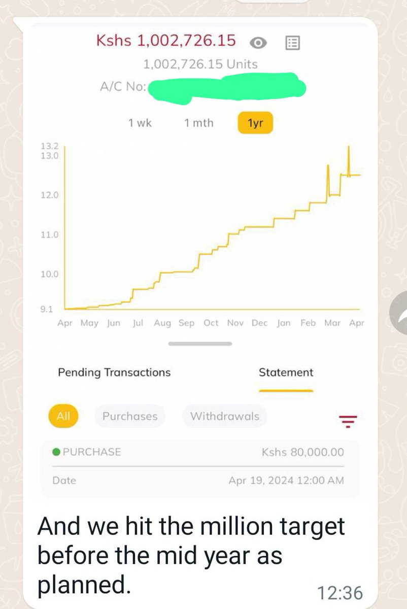 cheruiyotkb's tweet photo. Your first Sh 100K invested in the stock market is the hardest. Hitting Sh 250K comes significantly faster.

Then Sh 500K, then Sh 1M in a portfolio comprising stocks, SACCO deposits, MMF, and bonds.

Smashing that Sh 10M mark someday is a reality.

No matter where you are in your financial journey, keep at it.

It's a rollercoaster of dividends and interests at each milestone.