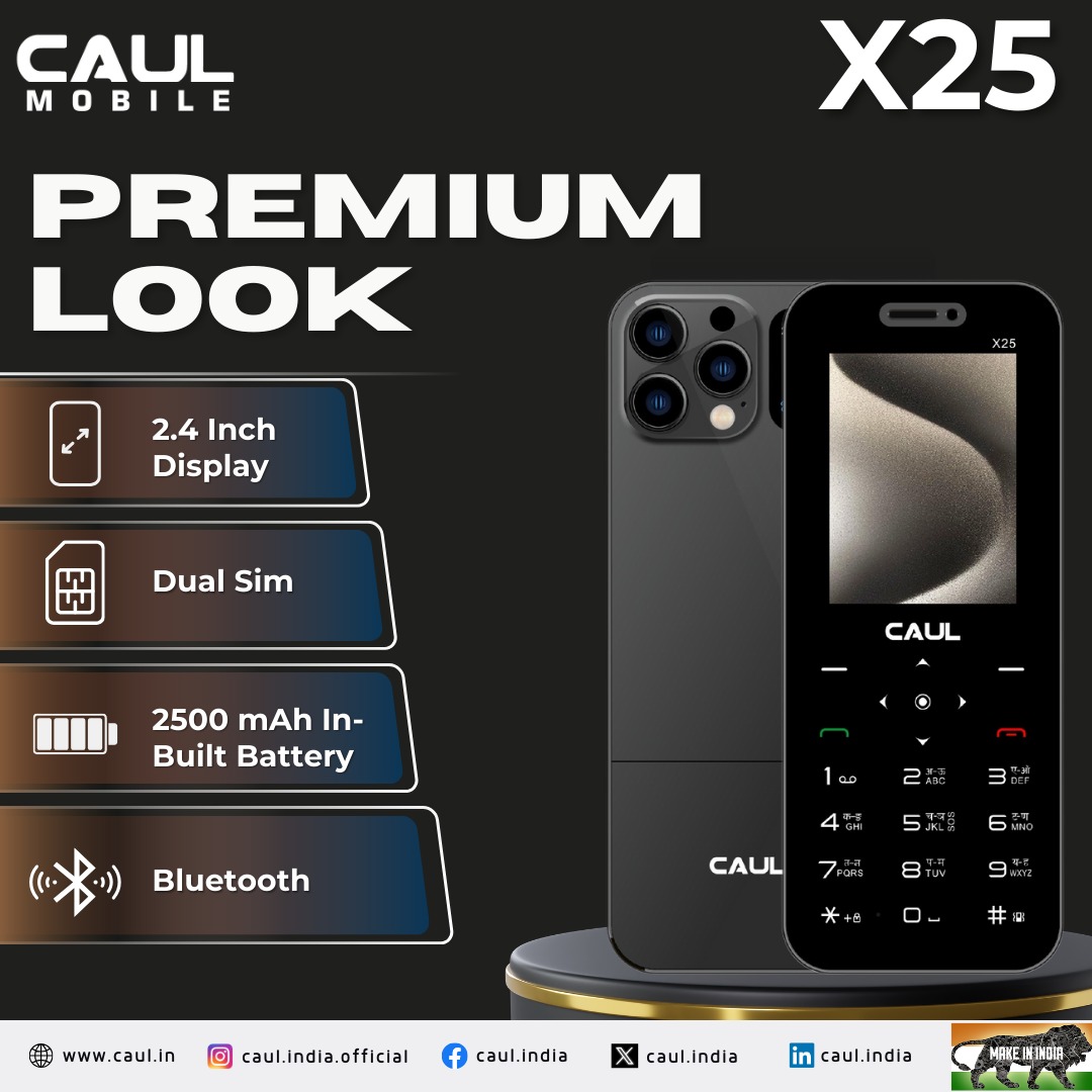 CaulIndia's tweet image. Experience seamless connectivity and power with the X25! Featuring a 2.4-inch display, dual SIM capability, and a 2500 mAh in-built battery, it’s designed for your convenience. 📱

For inquiries, contact +91-9990330058

.
.
.
#CaulX25 #CaulMobile #SmartphoneFeatures