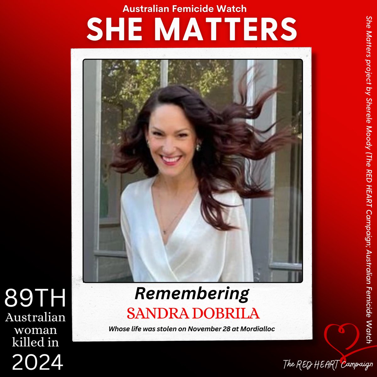 ShereleMoody's tweet photo. ❤️SHE MATTERS: SANDRA DOBRILA!❤️

"She had the most beautiful aura." This is how a friend of Sandra Dobrila remembers her mate. 
Sandra, a 41-year-old customer service manager, was murdered in her home at Mordialloc, Victoria, on Thursday. 
A male known to her ended his own life. 
Sandra is the 89th of 92 Australian women killed this year – and she is one of four women lost to violence in a matter of days.
“She had the most beautiful aura about her, spreading love and kindness wherever she went,” her friend told me this afternoon. 
“Sandra was always the first to check on everyone around her, making sure they were Ok.
"She was a beautiful, kind soul who didn’t deserve what happened to her.”
I cannot agree more with Sandra’s friend. Sandra deserved a long and peaceful life. She did nothing to deserve having her life ended by a violent male.
So many times this year, we’ve lost women to violence. This year’s tally is easily the worst I’ve seen in the more than nine years I’ve been documenting the killing of women and children.

REST IN POWER SANDRA DOBRILA! ❤️

❤️The Memorial to Women and Children Lost to Violence: https://t.co/QJ2OuxMB8C
❤️The Australian Femicide & Child Death Map: https://t.co/HUEd7YnyWr

I document ALL unlawful deaths of women and children, regardless of perpetrator gender or relationship between the person killed and the accused. This means not every death is due to domestic and family violence. Australians are also killed by strangers, friends, colleagues, neighbours and other people known to them.

IF YOU OR SOMEONE YOU KNOW NEEDS HELP PLEASE CALL:
❤️1800 Respect National Helpline: 1800 737 732
❤️Women's Crisis Line: 1800 811 811
❤️Men's Referral Service: 1300 766 491
❤️Mensline: 1300 789 978
❤️Lifeline (24 hours): 131 114

****
❤️ Support my work ❤️
I need your support to keep my work going. Grab your t-shirt and know 100% of profits fund the Memorial to Women and Children Lost to Violence and Australian Femicide Watch.
❤️ LINK IN BIO OR VISIT: https://t.co/eQR5fLUlYg
❤️ Make a contribution @ https://t.co/Cud9kkfew8