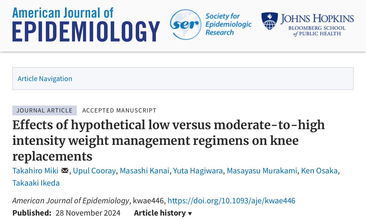 減量が膝人工関節置換術(TKA)の予防に効果があるのか？

を検討した我々の論文が

「American Journal of Epidemiology」誌

に早期公開されました！

筆頭の三木さん<a href="/PHYSIO_MIKI/">MlKl.TAKAHIRO</a> おめでとう！！