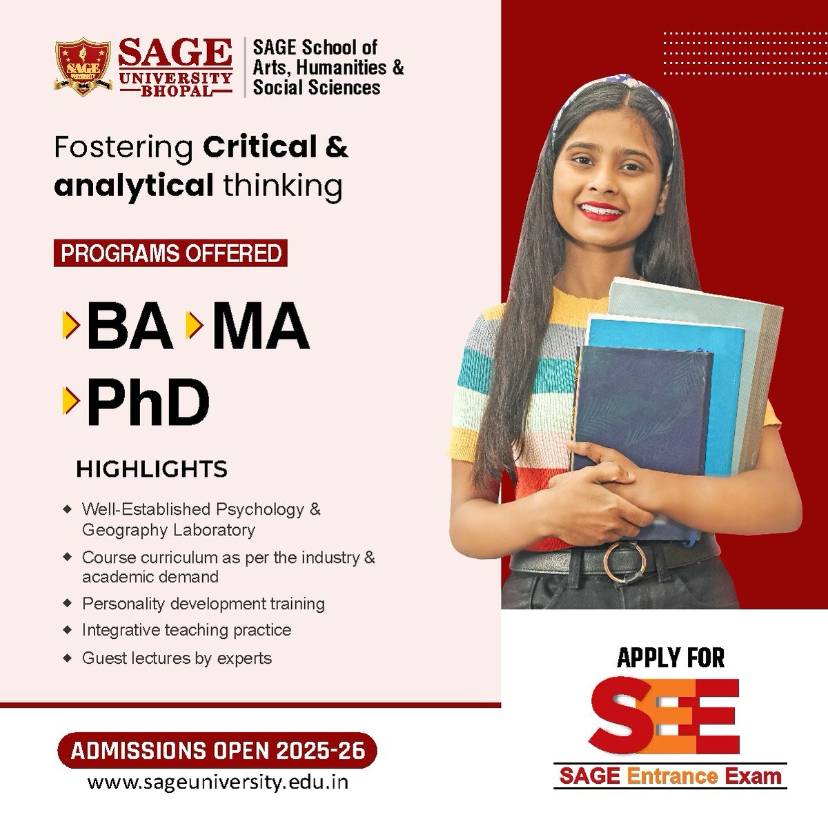 SageUniBhopal's tweet image. Shape your future with SAGE! 

Admissions Open 2025-26 for BA, MA &amp;amp; PhD at the School of Arts, Humanities &amp;amp; Social Sciences. Take the SAGE Entrance Exam and turn your aspirations into achievements. 

Visit:   sageuniversity.edu.in/bhopal-admissi…

#SAGEUniversityBhopal #ArtsAndHumanities #SUB