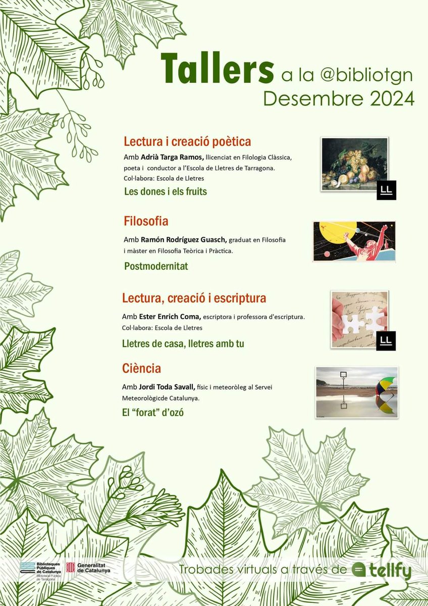 📢🔛Ja són aquí els #tallers #virtuals de desembre! 
La #Biblioteca és un espai d'#aprenentatge continu: engresqueu-vos a participar-hi! 

🙋‍♂️A través de l'app <a href="/Tellfy_es/">Tellfy</a> 

ℹ️tuit.cat/gA7z4