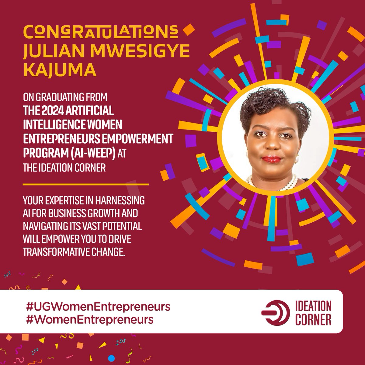 Ideation Corner Foundation (@ideationcorner) on Twitter photo Highlighting Julian Mwesigye Kajuma, a trailblazing entrepreneur and graduate of the 2024 AI-WEEP programme by the <a href="/IdeationCorner/">Ideation Corner Foundation</a>. With AI expertise, Julian is ready to seize new opportunities and drive growth.
#UGWomenEntrepreneurs #WomenEntrepreneurs #ArtificialIntelligence Highlighting Julian Mwesigye Kajuma, a trailblazing entrepreneur and graduate of the 2024 AI-WEEP programme by the <a href="/IdeationCorner/">Ideation Corner Foundation</a>. With AI expertise, Julian is ready to seize new opportunities and drive growth.
#UGWomenEntrepreneurs #WomenEntrepreneurs #ArtificialIntelligence