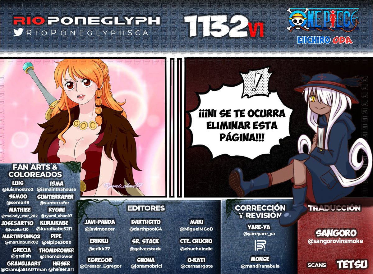 Ya está aquí nuestra primera versión de #OnePiece1132, que la disfruten!! Recuerden que el finde sale la versión final con datos extra y glosario!
#OnePiece #RioPoneglyphScans
Opción 1:   bit.ly/OP-1132v1-RPS-1
Opción 2:  bit.ly/OP-1132v1-RPS-2
Descarga: bit.ly/descargas-rps-m