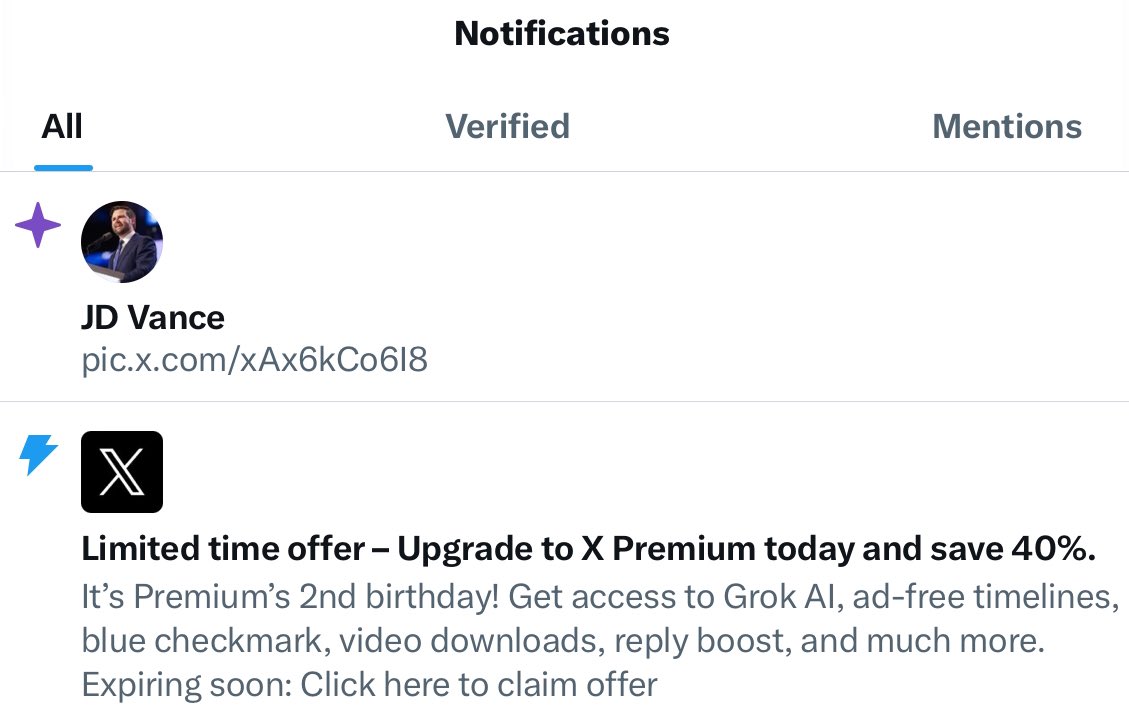 Outrageous! I’m not following JD Vance but I still get bloody push notifications about his random posts. The same happened before with Elon’s posts, until I blocked him.

And the X premium pushing is plain desperate. Good riddance X, the vibe is so much better on BlueSky.