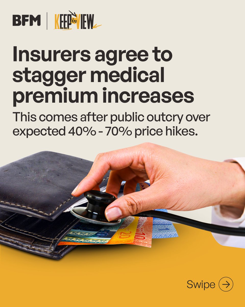 BFMradio's tweet photo. Bank Negara Malaysia has directed insurance providers to review its repricing strategy, following public backlash over reports that suggested medical insurance premiums could rise by 40-70%.

Scroll to see how insurers have responded. 

Have you noticed a hike in your medical insurance premiums recently? Tell us ⬇️

1/11 ⬇️🧵