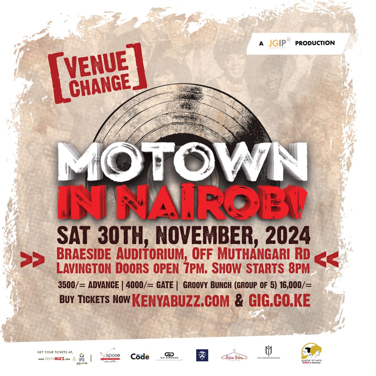 *PSA*
 
To all @motownInNairobi fans...we now have a new venue and time! Join us at the *Braeside Auditorium off Muthangari Road* 

*Gates open at 7 PM, and the show starts at 8 PM sharp*. 

Tickets available at: 
gig.co.ke/event/gev_869/…

kenyabuzz.com/events/event/m…