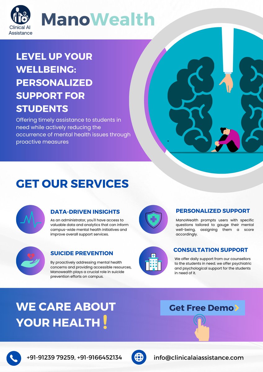 ManoWealth's tweet photo. 🧠Level Up Your Wellbeing with ManoWealth! 🌟
Personalized mental health support tailored just for students. 💙 Let's create healthier, happier campuses together! 🌱
Call us: +91-91239 79259 / +91-91664 52134
Email: info@clinicalaiassistance.com
#MentalHealthMatter  #ManoWealth💡 https://t.co/53iNjtJ36u