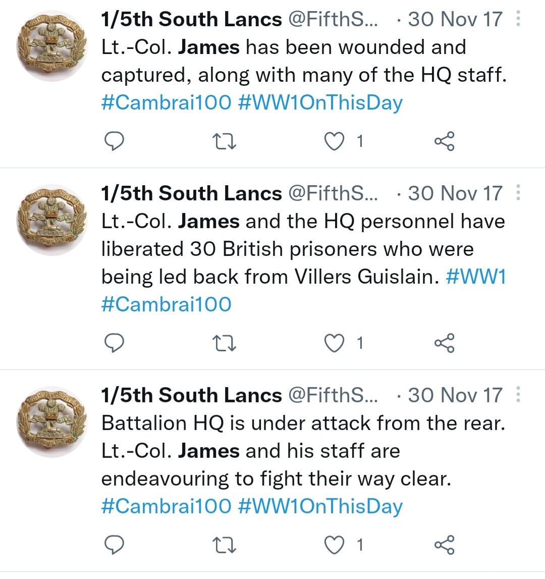 Even just these three snippets about Lt.-Col. James illustrate what a disaster we suffered in the German attack 107 years ago today, at #Cambrai. By night, almost all but the circa 10% held back as a reserve were dead, wounded or captured. #Lancashire #OnThisDay #FWW