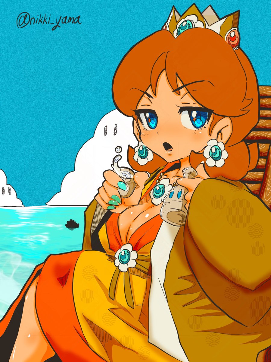 Princess Daisy is enjoying the volcanic hot springs while looking out at the ocean of Isle Delfino! A little bit of the white drink is a beauty ingredient! Luigi, come in too!
