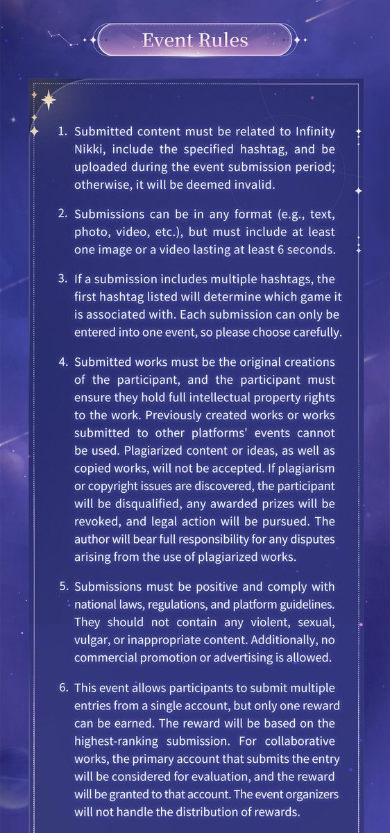 InfinityNikkiEN's tweet photo. The submission event for Nikki's birthday is finally available on multiple platforms!

As starlight falls, infinite dreams and bits of happiness sparkle along with it. Let’s send our blessings to Nikki and her course of growing up!
Join the event for a chance to win cash and diamonds!

🔹Event Duration:
November 30 - December 14 (UTC+8)

🔹How to Participate:
Create your original content on the theme of "Nikki's Birthday" related to the game Infinity Nikki. 
Post it on X /TikTok/Instagram or YouTube with the hashtag #InfinityNikkiStarlitDreams and fill out the submission form with the link to your post.  
🔗:https://t.co/Ff8xDi9y1F
This will count as a successful submission.

Feel free to express your creativity — content form and style are completyely flexible!

🎁Rewards:
We will select 12 winners to receive $126 amd Diamond*1206.

The submission event for Nikki's birthday is currently accepting entries. For more event information, please check out the image below!

——
The Coziest Open-World Game
Infinity Nikki Officially Releases on December 5!
➤ Pre-register Now:  https://t.co/30AcRL0uSm
➤ Join us on Discord:  https://t.co/QvZPw1gJOV

#StarlitDreamWithYou #InfinityNikki