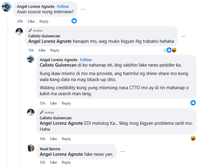 Teacher  na nagpapakalat ng fake news.

Nung tinanong kung san ang original source ng CTTO niya, nagalit pa at binibigyan daw siya ng trabaho.

Ikalat ang name niya para malaman ng mga co-teachers at principal niya.