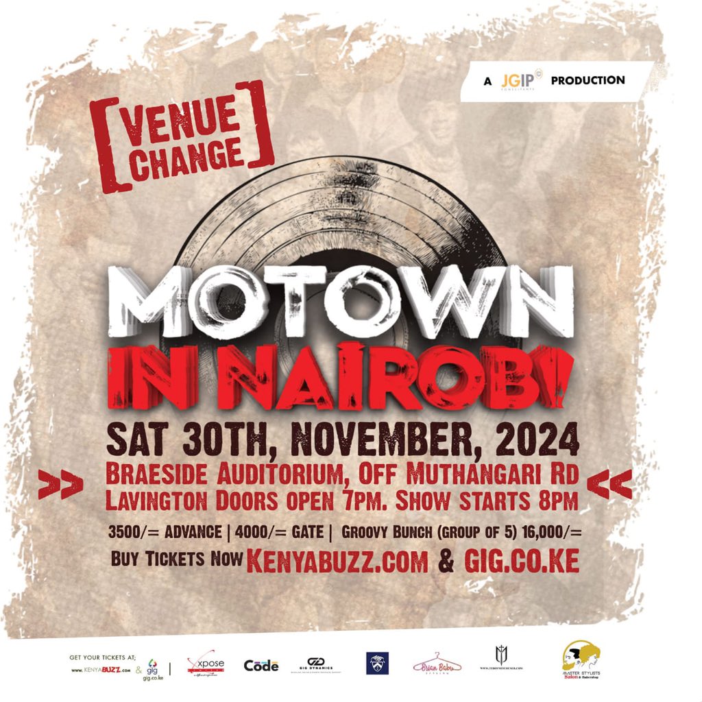 thejam984's tweet photo. Itβs #MotownInNairobi Day!
Join us tonight, at the Braeside Auditorium, off Muthangari Rd. Gates open at 7 PM, and the show starts promptly at 8 PM.
The first 150 guests get complimentary cocktails!
β¨#MotownInNairobi #JGIPEvents #11YearsOn https://t.co/s8wfYl1CJY