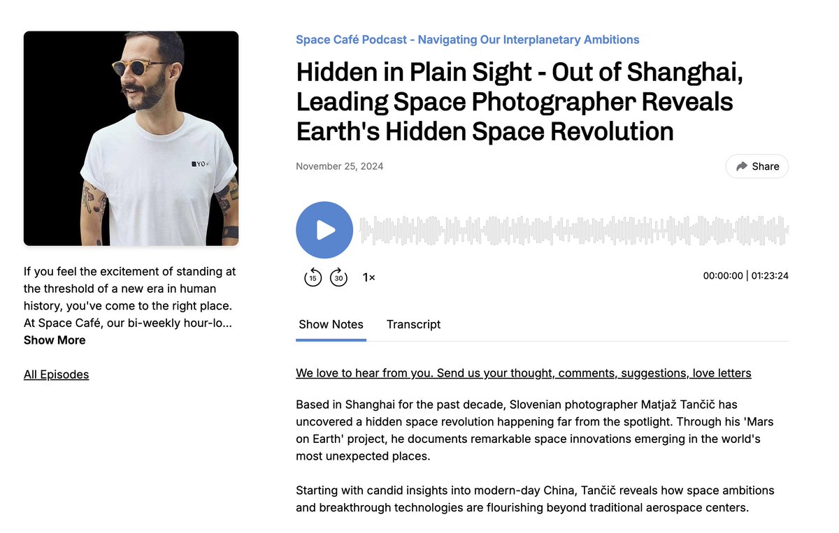 I had the pleasure and honor of joining <a href="/mmooslechner/">Markus Mooslechner</a> on the Space Cafe podcast to chat about life in China, my space photography project, and so much more! feeds.buzzsprout.com/1915816.rss Check it out and hear more about <a href="/b_belvisi/">barbara belvisi</a>, <a href="/LunaresResearch/">LunAres Research Station</a>... #spaceart #marsphotography