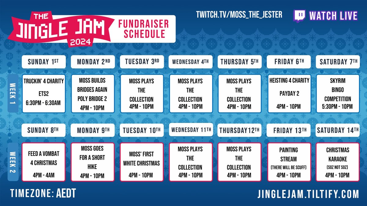 Moss_the_Jester's tweet photo. I hate social media! So I'm late to this!

But here is my schedule for #jinglejam2024 !
We're aiming to raise 500 for @WarChildUK !

Hope to see you all there! https://t.co/NFMhtfAEB0