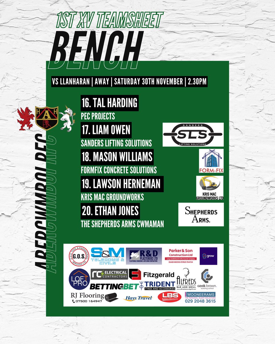 𝙏𝙀𝘼𝙈𝙎𝙃𝙀𝙀𝙏

Here’s how our 1st XV line up for today’s game away vs Llanharan. Kick off 2.30pm

#TheVillage #OYMC🙌🏼