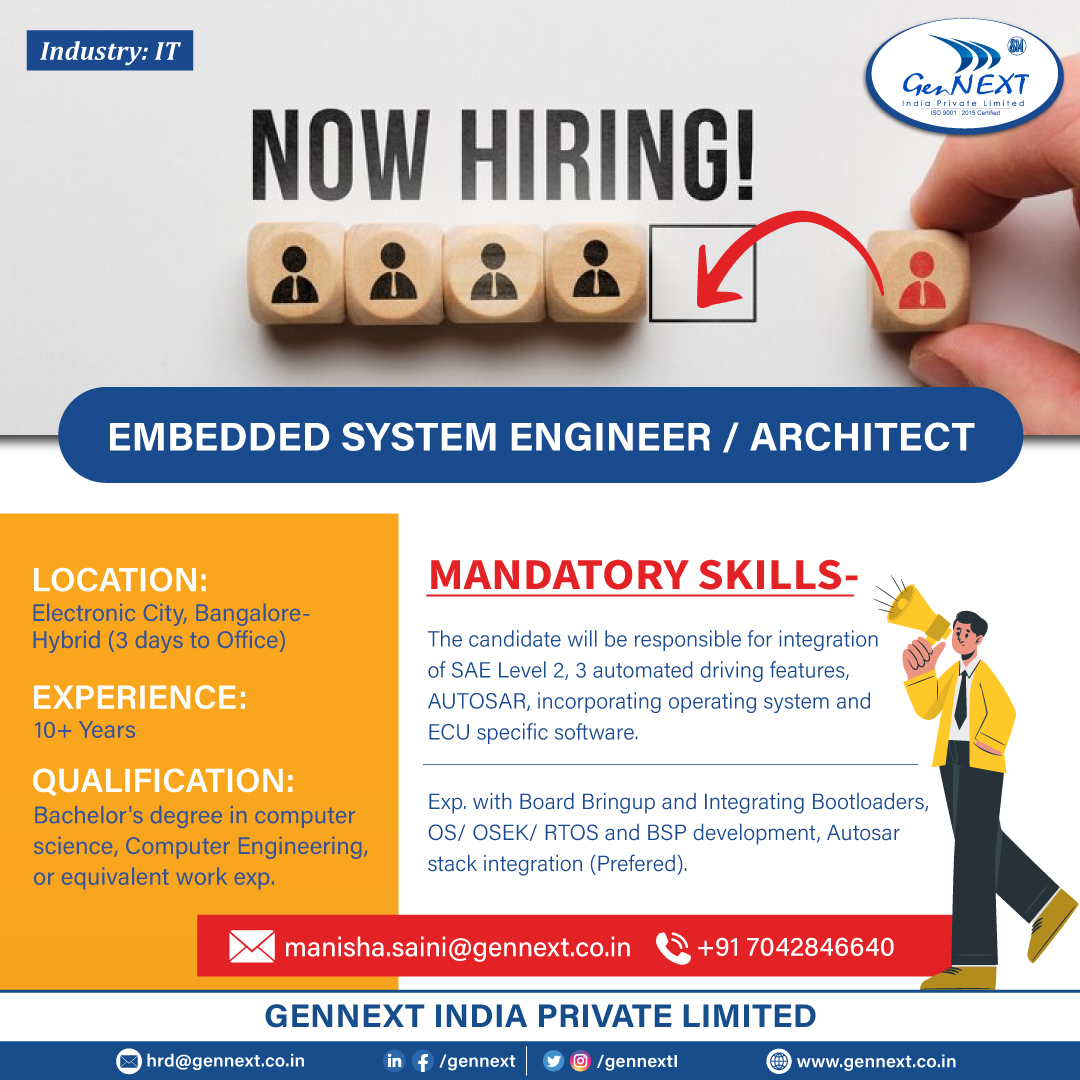 GennextL's tweet photo. #UrgentHiring 💼📢🎯

Position:  Embedded System Engineer / Architect
Location: Electronic City, Bangalore

#EmbeddedSystemEngineer #SystemEngineer #Architect #Bangalore #IT #ComputerScience #Engineering #jobsearching #jobsearch #jobopenings #gennextjob #gennexthiring #GenNext https://t.co/sMpa6RlyQA