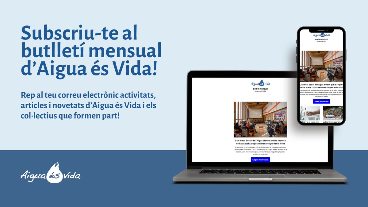 🙌 Llegeix el butlletí de novembre d'Aigua és Vida!🚀

Parlem sobre la V #CimeraSocialAigua, l'augment de tarifes d'Aigües de Barcelona i l'actualitat hídrica de Catalunya.

👀 Llegeix-lo: mailchi.mp/4ec1ea36ec88/c…
✍️ Dona't d'alta per rebre'l cada mes: bit.ly/3N02EE0