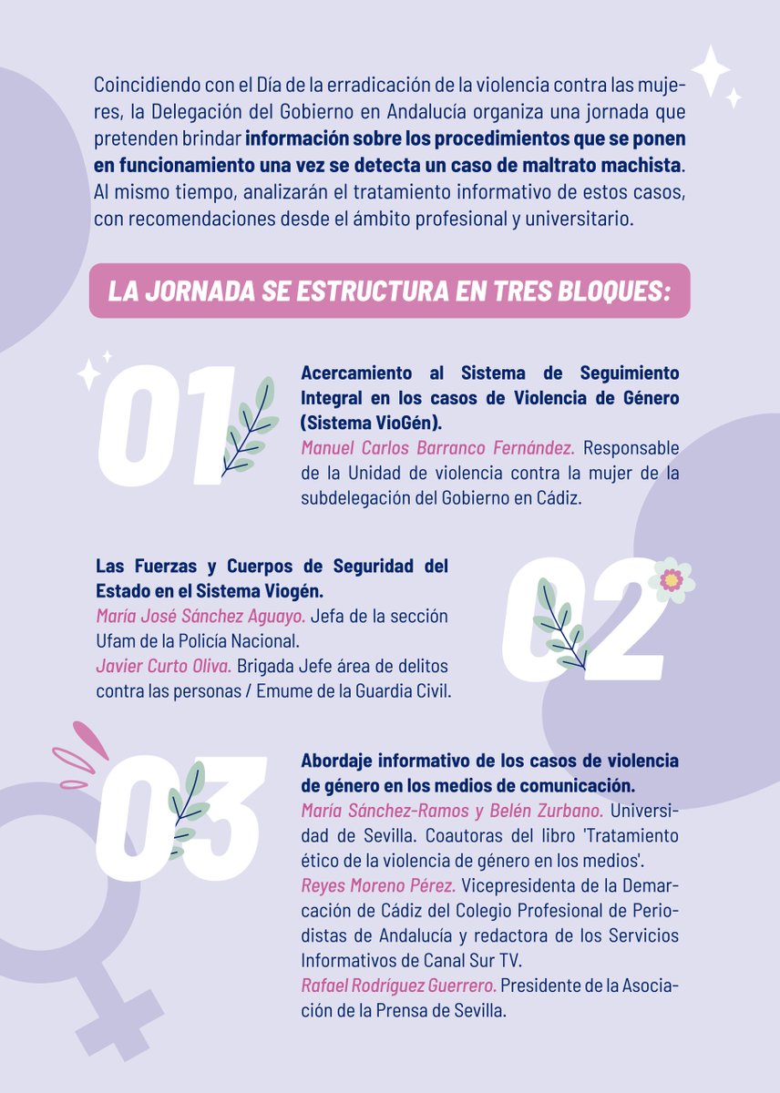 📢Atención 

🗞️Jornada para periodistas 🫵

Tratamiento informativo de la Violencia de Género en los medios de comunicación 

🗓️ 10h 4 diciembre
📍 Delegación del Gobierno en Andalucía 

Con <a href="/rafarogue/">Rafael Rodríguez</a>  <a href="/aprensasevilla/">Asoc. Prensa Sevilla</a>   <a href="/ReyesMoreno3/">Reyes Moreno</a> <a href="/PeriodistasAND/">CPPA</a> <a href="/MariaSancheztw/">María Sánchez Ramos</a> <a href="/BelenZB/">Belen Zurbano B.</a>