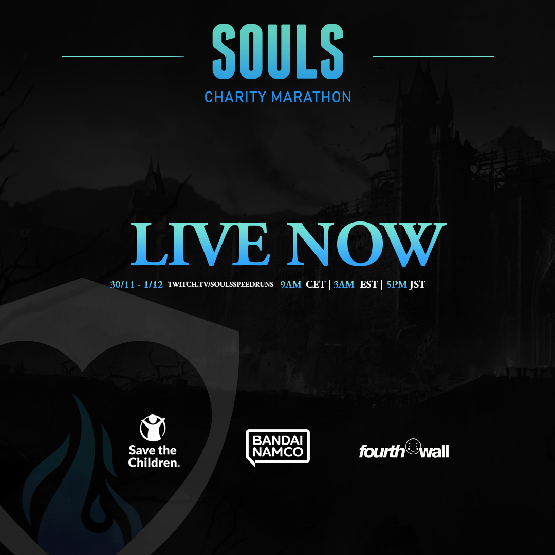 SoulsSpeedruns (@soulsspeedruns) on Twitter photo 🔴 Souls Charity Marathon is LIVE!
2 days of Demon's Souls, Dark Souls 1-3, Bloodborne, Elden Ring, and the best runners in the world fundraising for <a href="/SavetheChildren/">Save the Children US</a> 🙌
Any% relay race, PvP Any% relay, Bingo, and so much more.
🏃 Tune in at twitch.tv/soulsspeedruns 🔴 Souls Charity Marathon is LIVE!
2 days of Demon's Souls, Dark Souls 1-3, Bloodborne, Elden Ring, and the best runners in the world fundraising for <a href="/SavetheChildren/">Save the Children US</a> 🙌
Any% relay race, PvP Any% relay, Bingo, and so much more.
🏃 Tune in at twitch.tv/soulsspeedruns