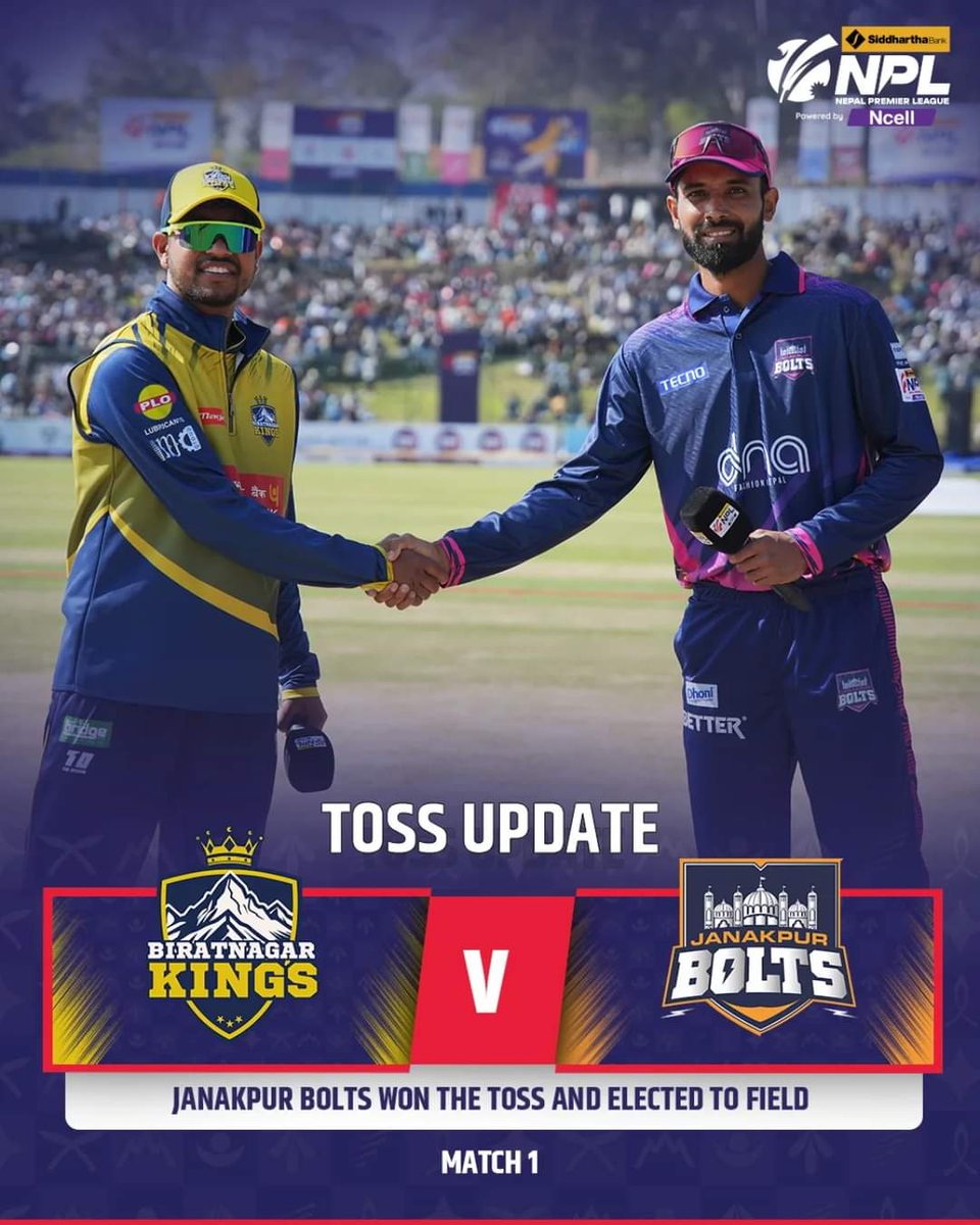 RajanPaswan26's tweet image. TOSS UPDATE!
Janakpur Bolts opt to field first against Biratnagar kings in the SBL NPL opener!🏏🔥
#HamroJeet l #nepalcricket l #NcellForFans @OfficialNPLT20 @boltsjanakpur