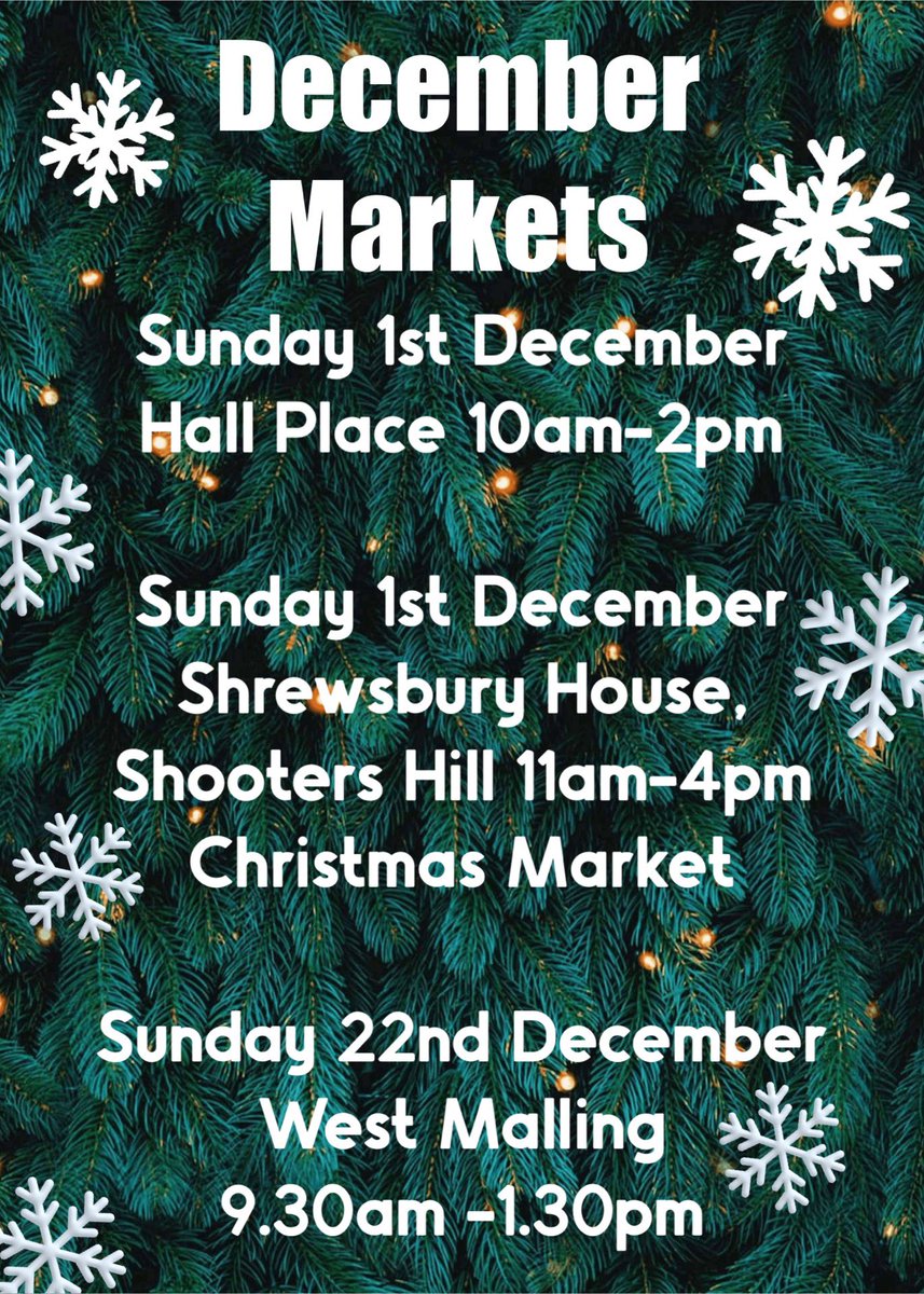 We’ve got a busy month in December, so here’s a list of our markets leading up to Christmas! We hope you can make it along for some Christmas cheer and Christmas beer! 🎄🍻
<a href="/mfarmersmarket/">mfarmersmarket</a> <a href="/HallPlaceBexley/">Hall Place & Gardens</a> <a href="/ShrewsburyHse/">Shrewsbury House</a> #WestMalling