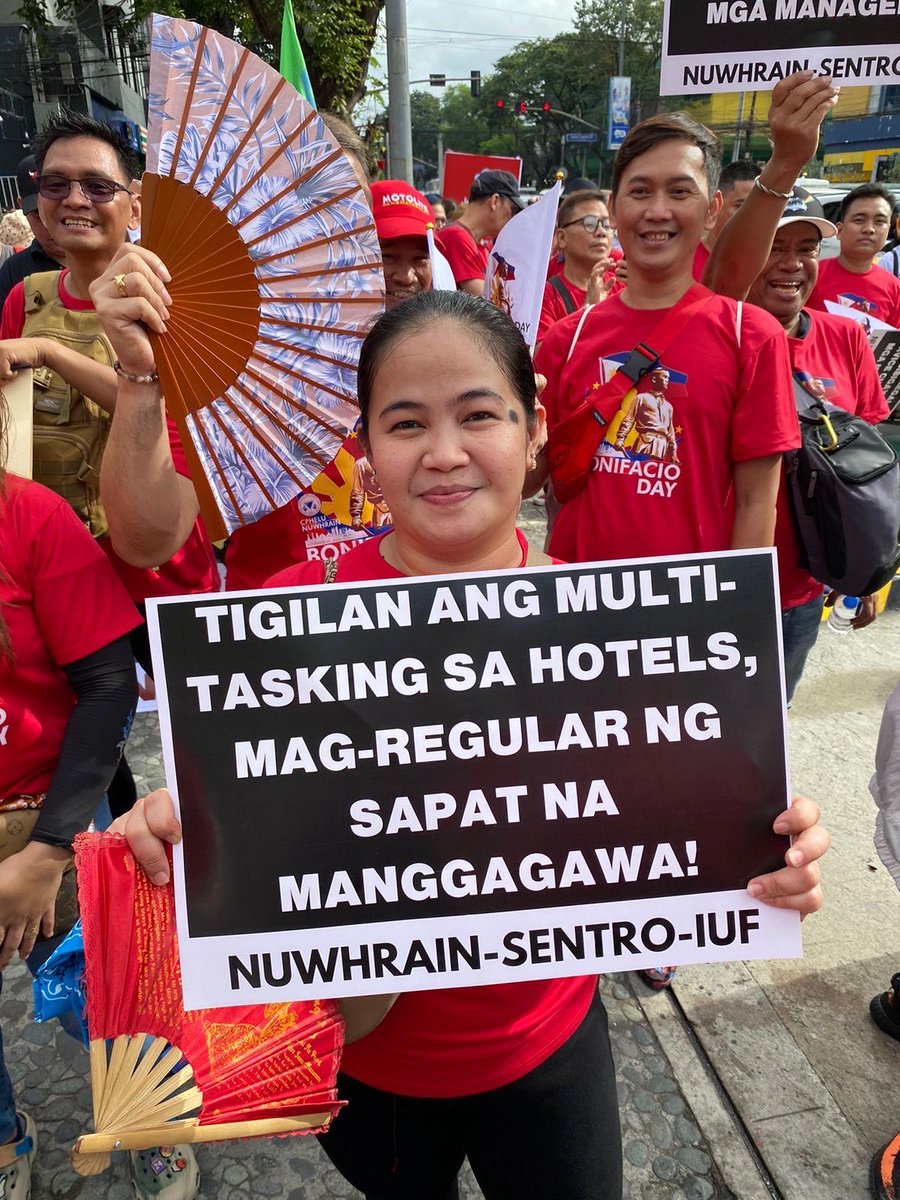 IUF members in the Philippines mobilize for Bonifacio Day! <a href="/SENTROLabor/">SENTRO</a> NUWHRAIN joined the mobilization in solidarity with ongoing struggle of Sofitel workers to defend their jobs &amp; rights. #StandWithSofitelWorkers! #WhenWeFightWeWin