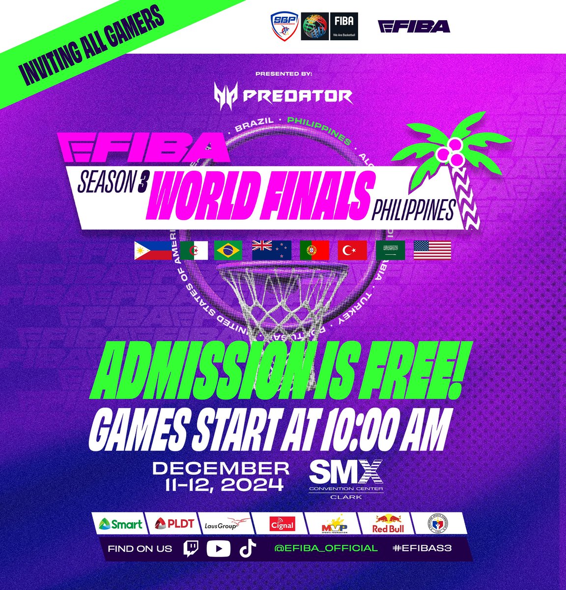 Calling all gamers! 📣

See you in Pampanga for the eFIBA Season 3 World Finals this December 11-12 at the SMX Convention Center Clark. Be there at 10:00 AM to get your wrist tags and secure your seats!

#EFIBAS3 <a href="/eFIBA_official/">eFIBA</a>