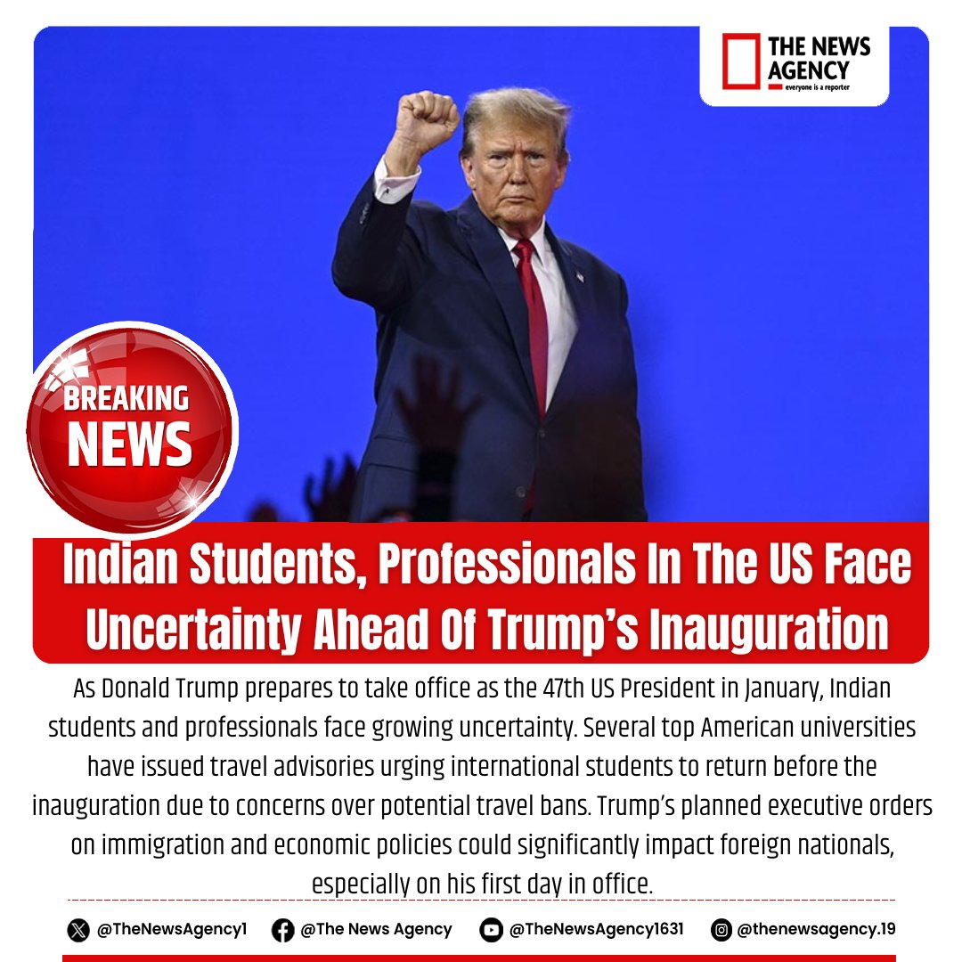 TheNewsAgency1's tweet photo. #BigNews #Uncertainity #TravelAdvisory #USBreaking #Indian #Students #USUniversities #UnitedStatesOfAmerica #DonaldTrump #USElections #President #USPresident #TrumpOathCeremony 

@realDonaldTrump @TrumpDailyPosts @MEAIndia @DrSJaishankar https://t.co/5RfSUJ998r