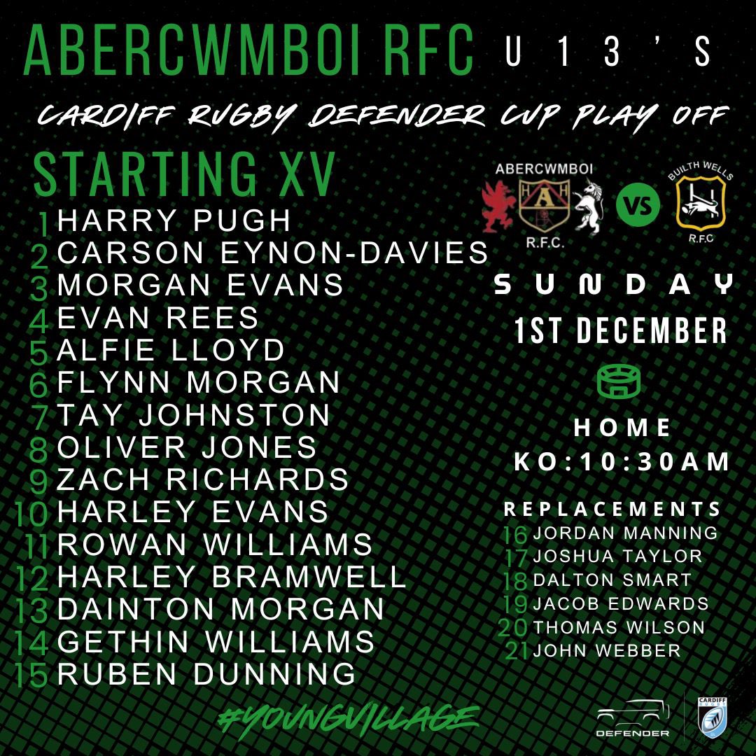Good luck to our U13’s squad in the <a href="/CardiffRugbyCup/">Cardiff Rugby Cup</a> playoff match tomorrow against <a href="/BUILTHR/">BUILTH WELLS RFC</a> 
All the best to everyone involved and enjoy the game.
🟢⚪️⚫️
#Youngvillage
#Cuprugby 🏆