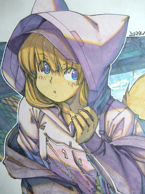 【アナログ2221:河川敷の散歩】防寒対策もしっかりと。#水彩 #原画 #色紙 #アナログ絵 #狐娘 