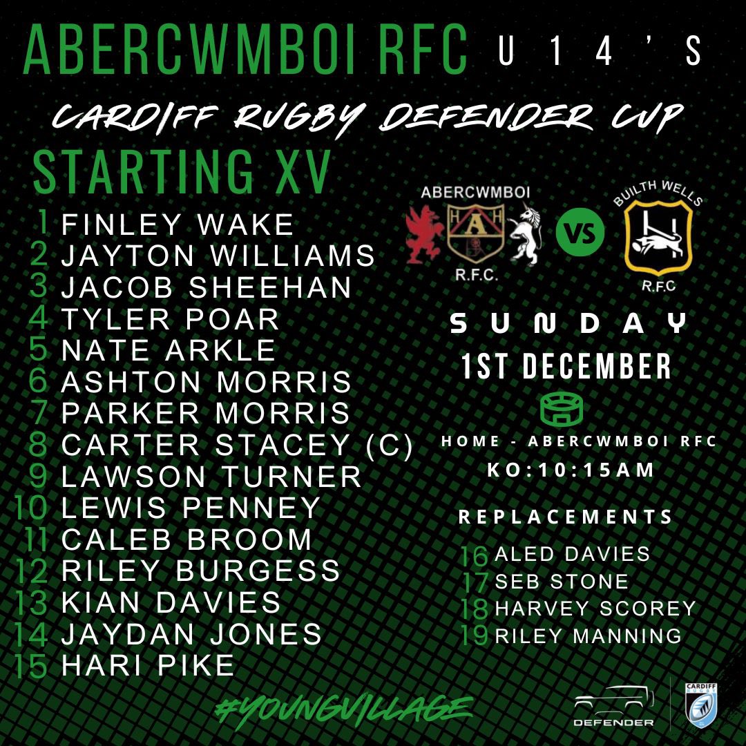 Good luck to our U14’s squad in their final <a href="/CardiffRugbyCup/">Cardiff Rugby Cup</a> group match tomorrow against <a href="/BUILTHR/">BUILTH WELLS RFC</a> 
All the best to everyone involved and enjoy the game.
🟢⚪️⚫️
#Youngvillage
#Cuprugby 🏆