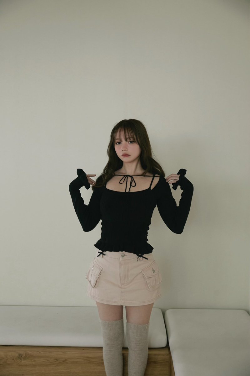 Crochet frill knit tops color pink/black ¥12100-tax in 透け感の