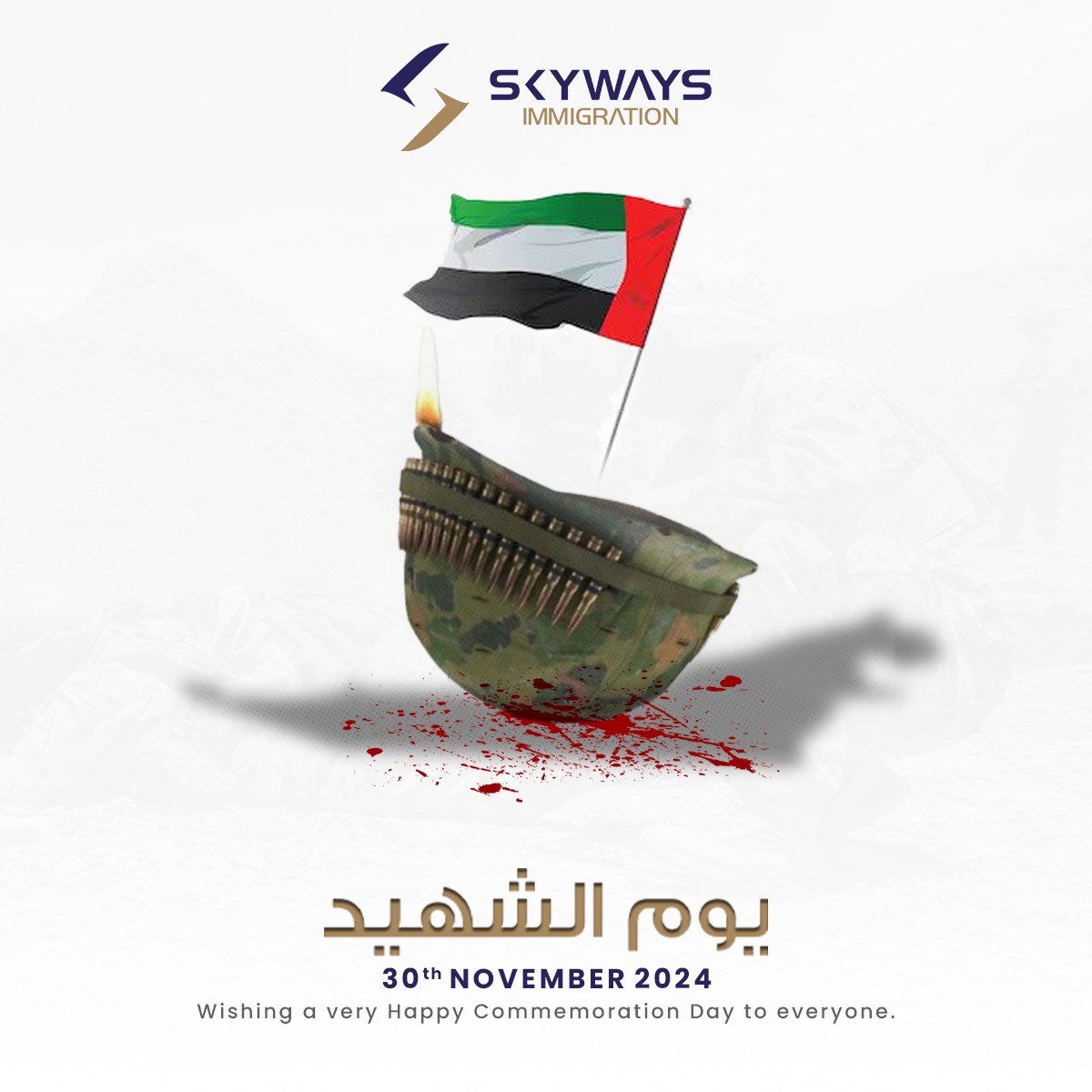 Skywaysuae's tweet photo. 🎆 𝐇𝐚𝐩𝐩𝐲 𝐂𝐨𝐦𝐦𝐞𝐦𝐨𝐫𝐚𝐭𝐢𝐨𝐧 𝐃𝐚𝐲 𝟐𝟎𝟐𝟒! 🇦🇪

A salute to the brave souls who laid the foundation for the UAE we know and love today. 

#Skyways #CommemorationDay #UAE #NationalHeroes https://t.co/gtNYrMFGk0