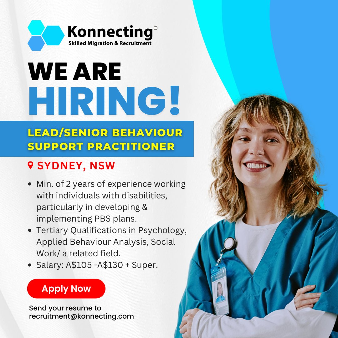 Konnecting's tweet image. 🚨 We’re Hiring! 🚨
📢 Lead/Senior Behaviour Support Practitioner

💰 Salary: A$105k–A$130k + Super
📍 Location: Sydney, NSW

📩 Apply now! Send your resume to: recruitment@konnecting.com

#WeAreHiring #BehaviourSupportPractitioner #SydneyJobs  #KonnectingRecruitment